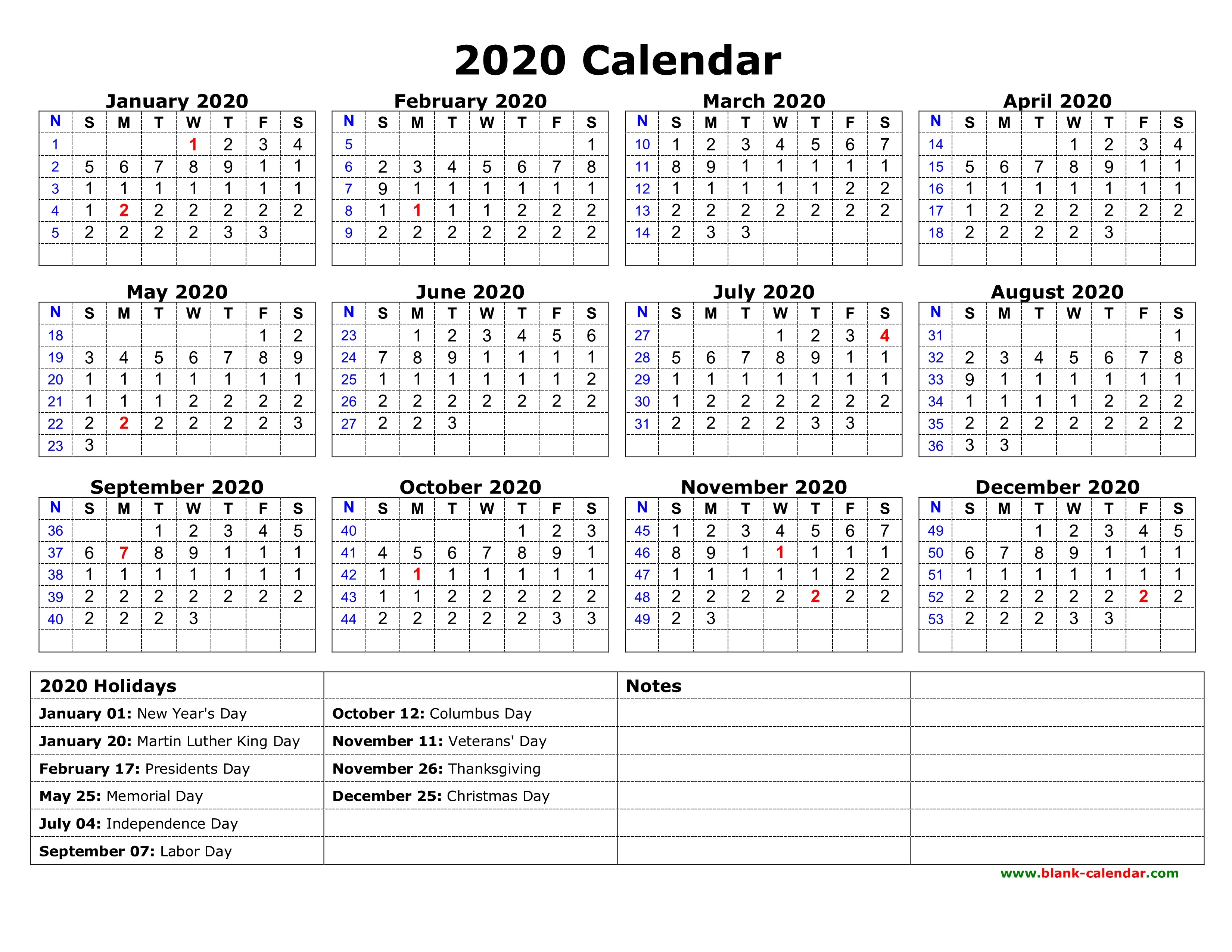 Best Of 2020 Calendar with Holidays Printable | Free Printable Calendar ...