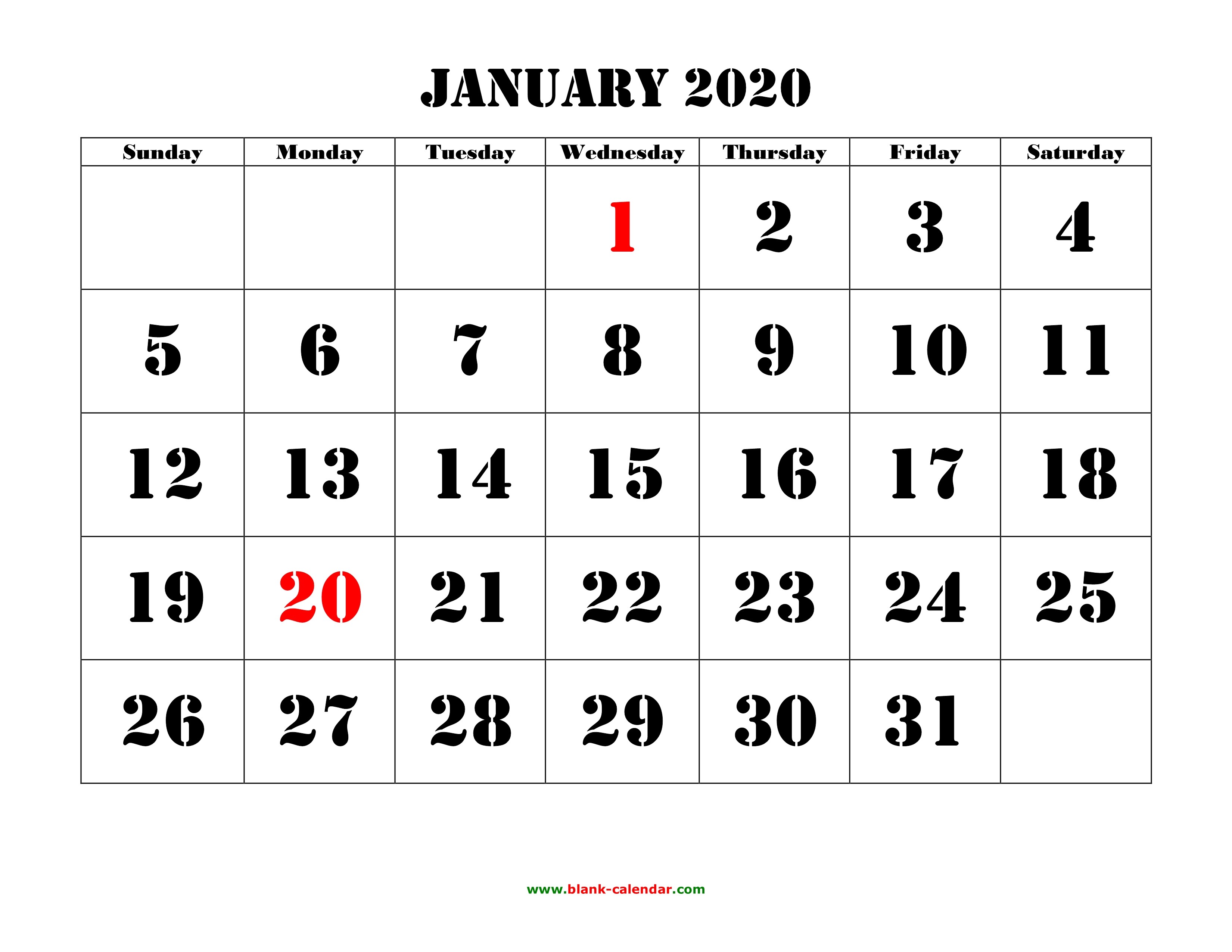 2020 Free Monthly Calendar Printable Printable Calendar 2020