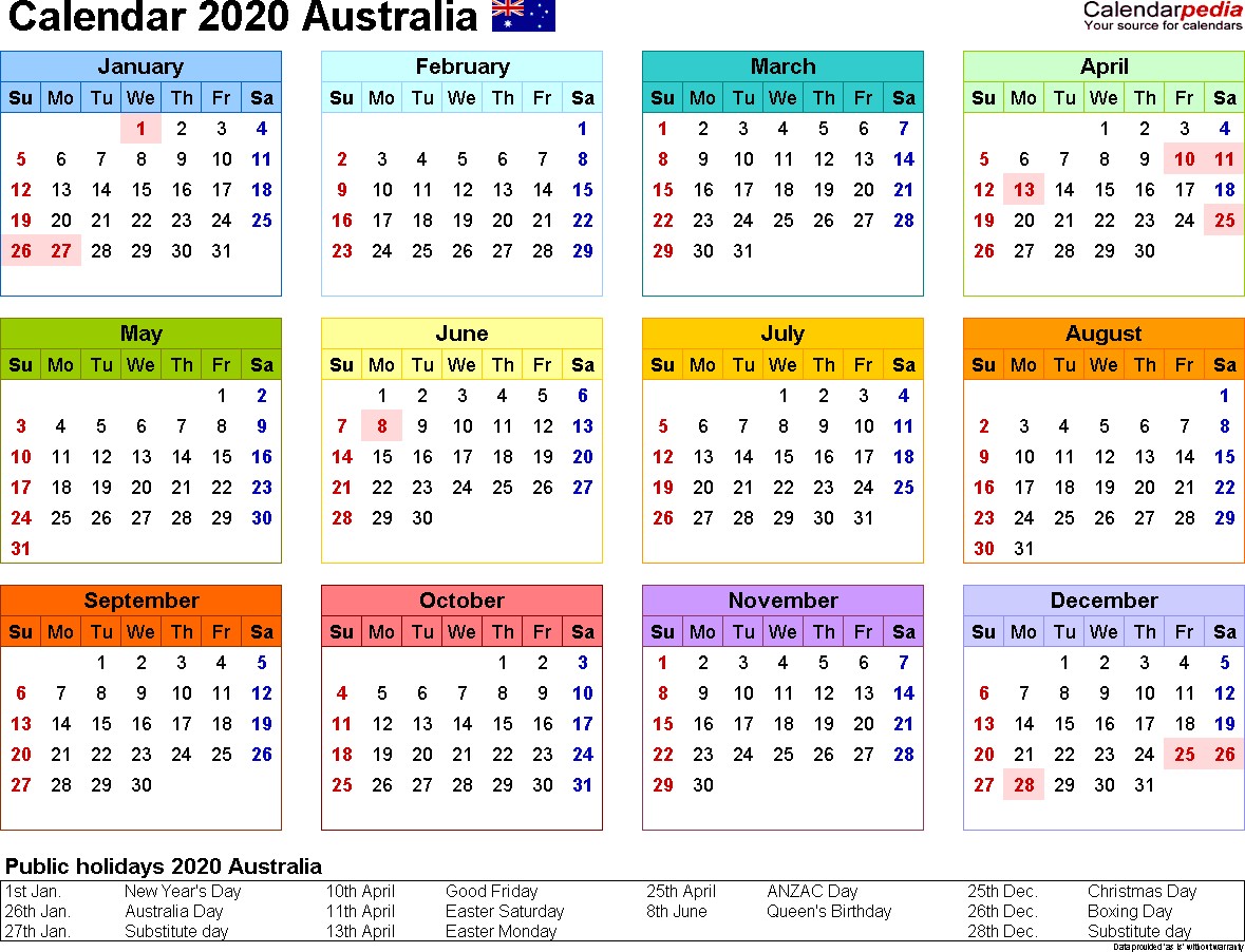 australia calendar 2020 excel templates