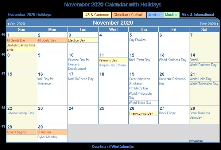 2020 calendar with holidays