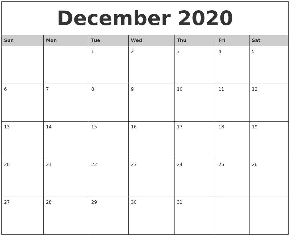 december 2020 monthly calendar printable