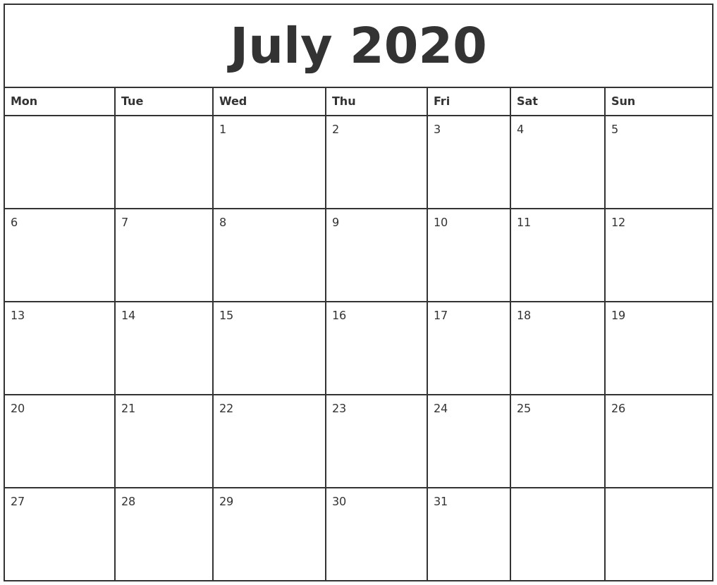 july 2020 printable monthly calendar