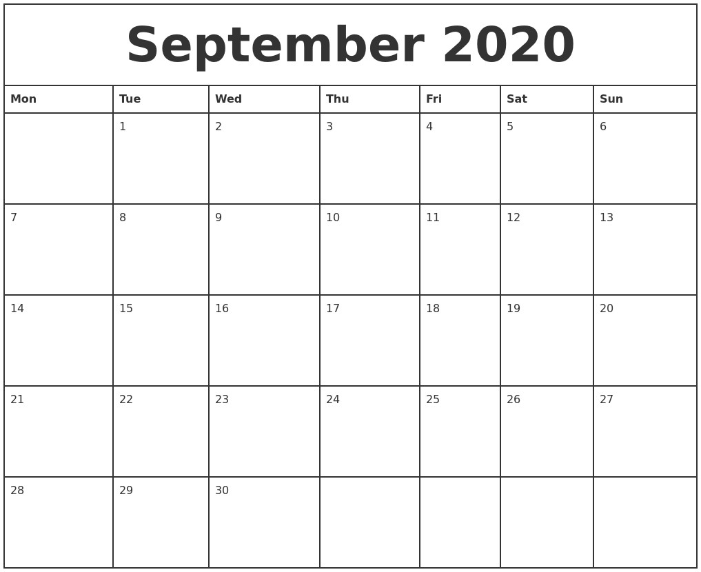 september 2020 printable monthly calendar