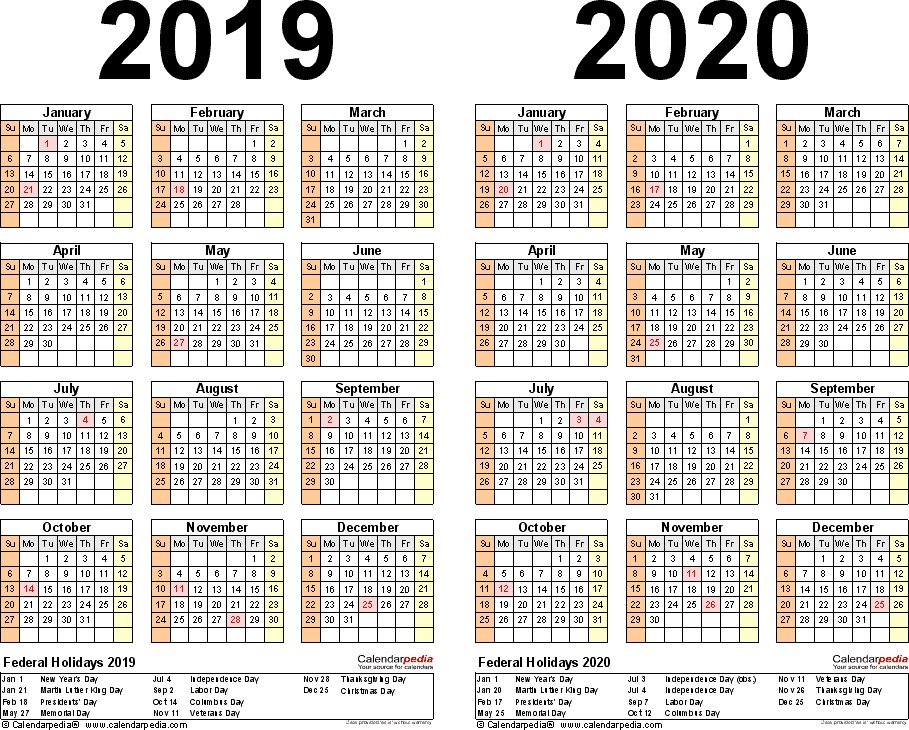 two year 2019 2020 calendar word templates