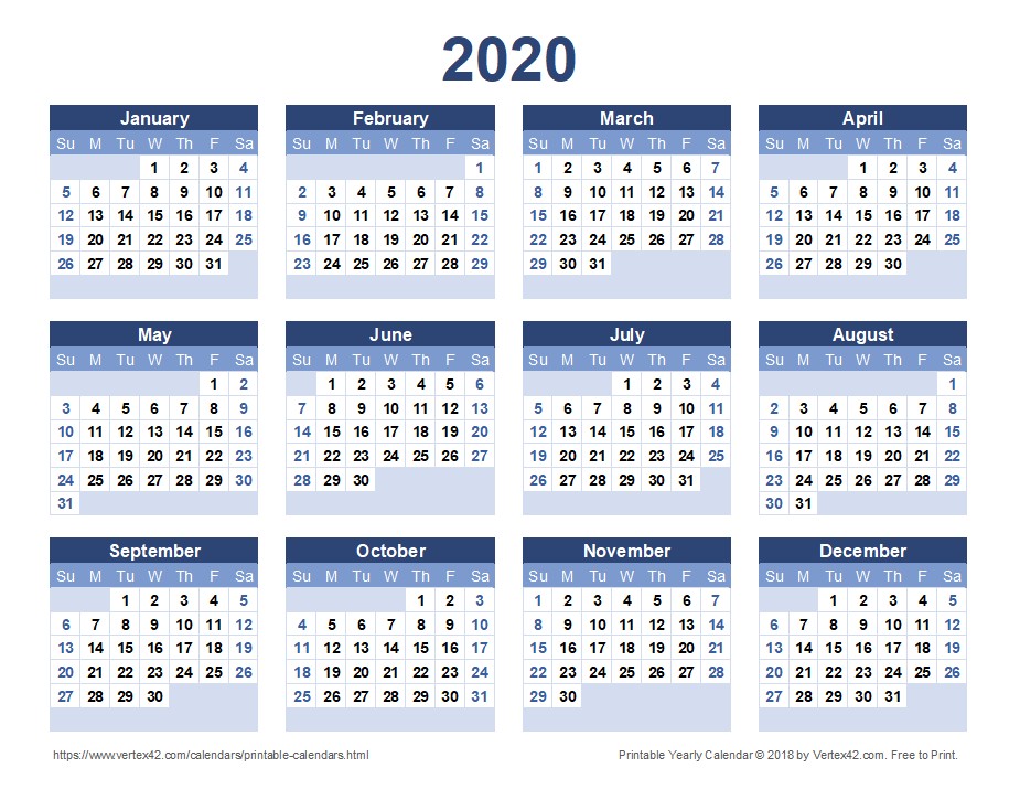 2020 Year Printable Calendar 2020 Calendar Templates and