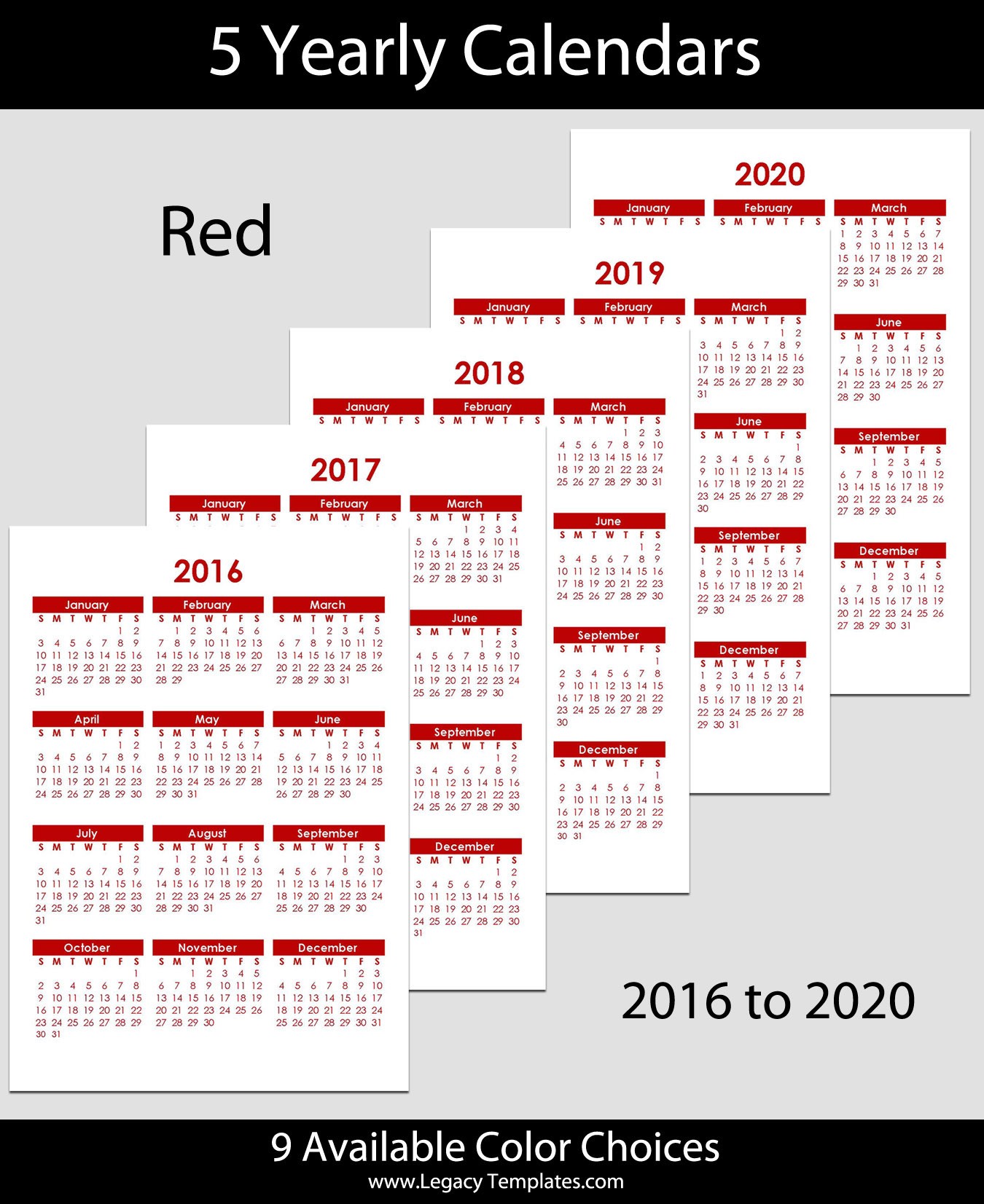 2016 to 2020 yearly calendar a4