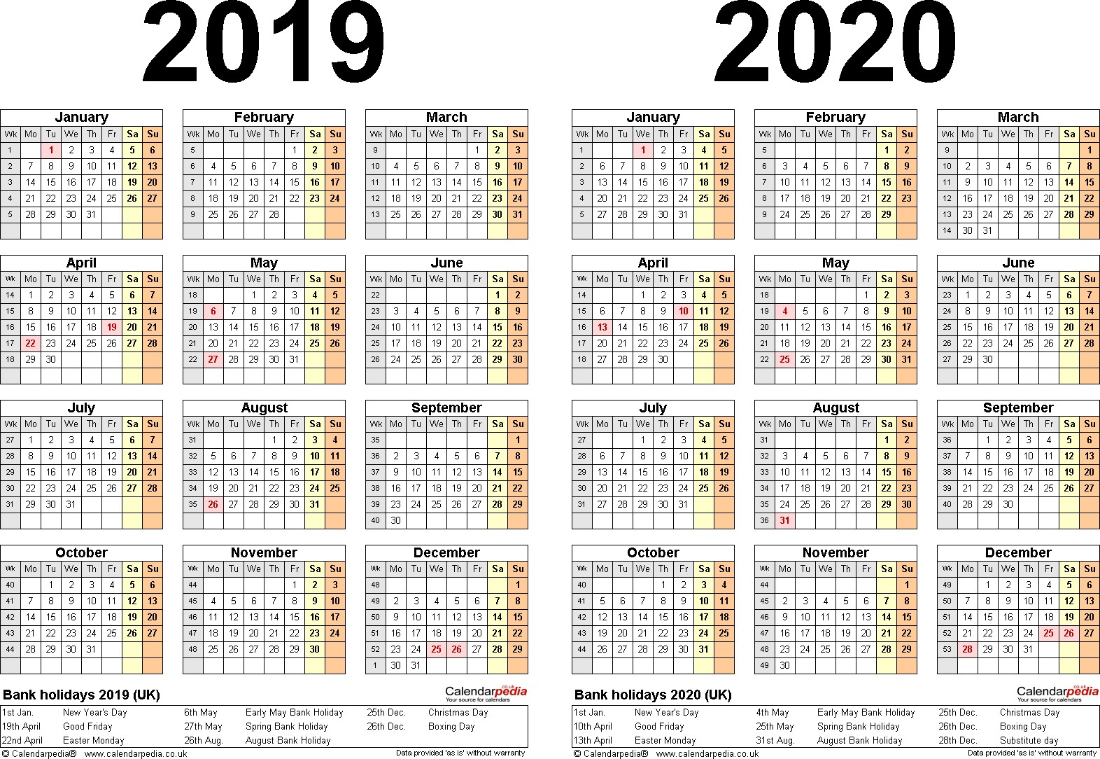 two year calendar 2019 2020 word templates