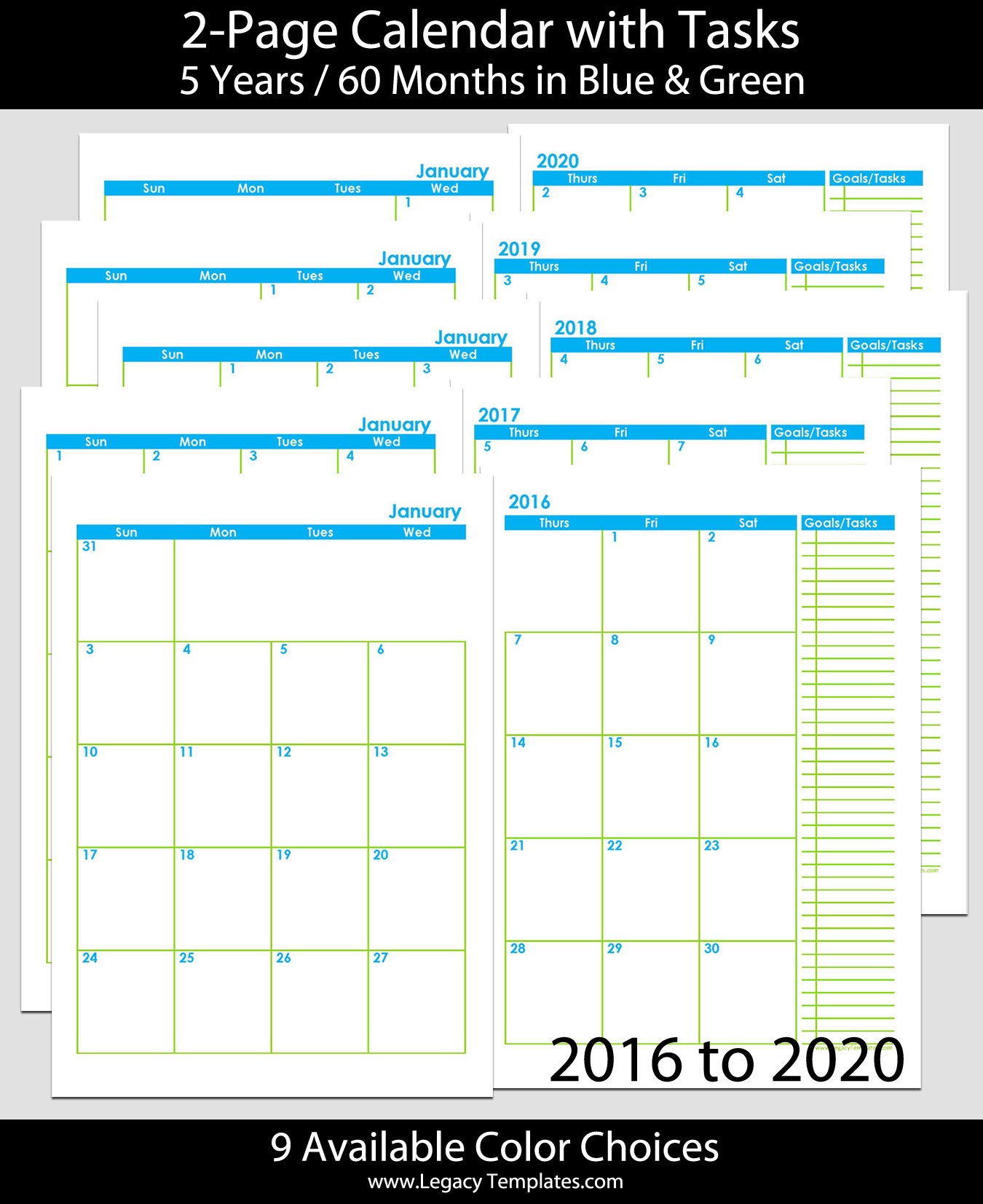 2016 thru 2020 60 months 2 page calendar a5