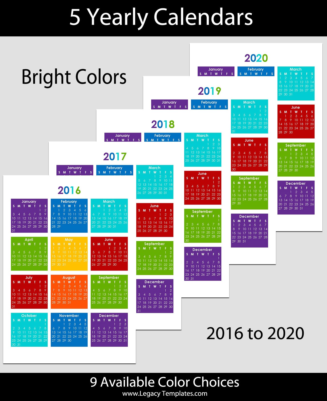 2016 to 2020 yearly calendar a5