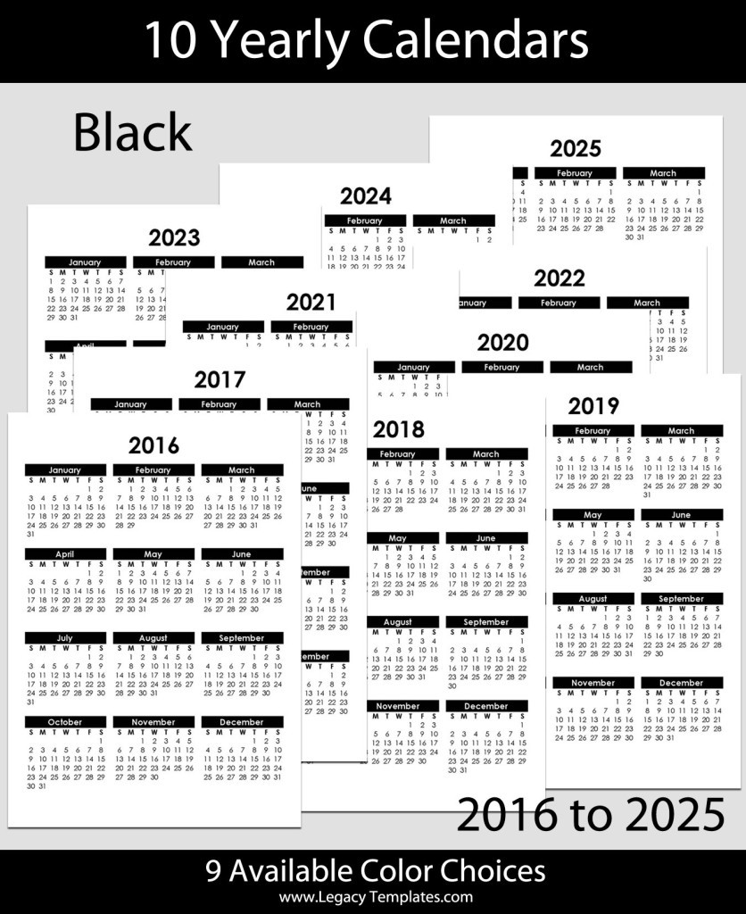 2016 to 2025 yearly calendar a5