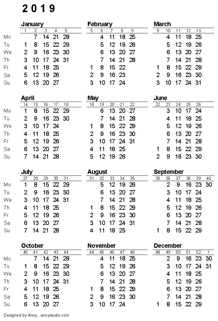 A5 Printable Calendar 2020 Printable Calendar 2019 with Week Numbers Free Printable