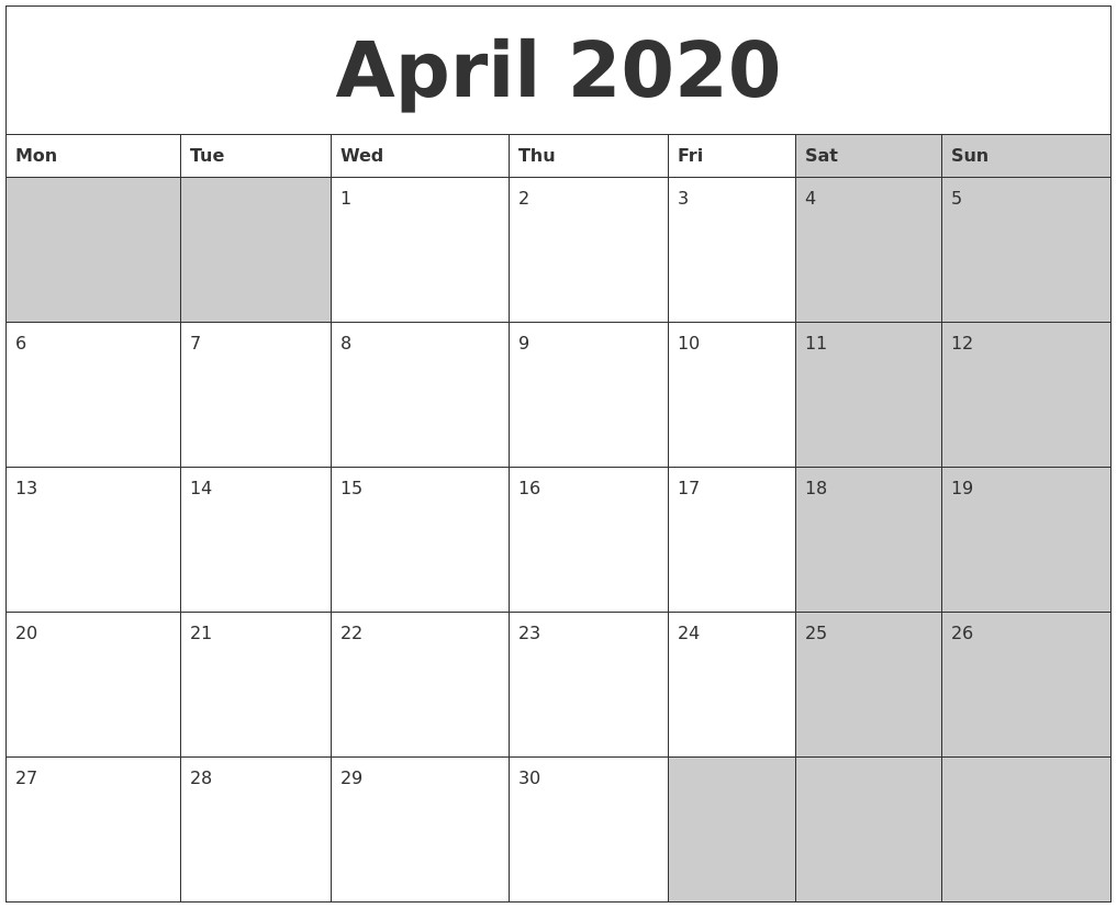 april 2020 calanders