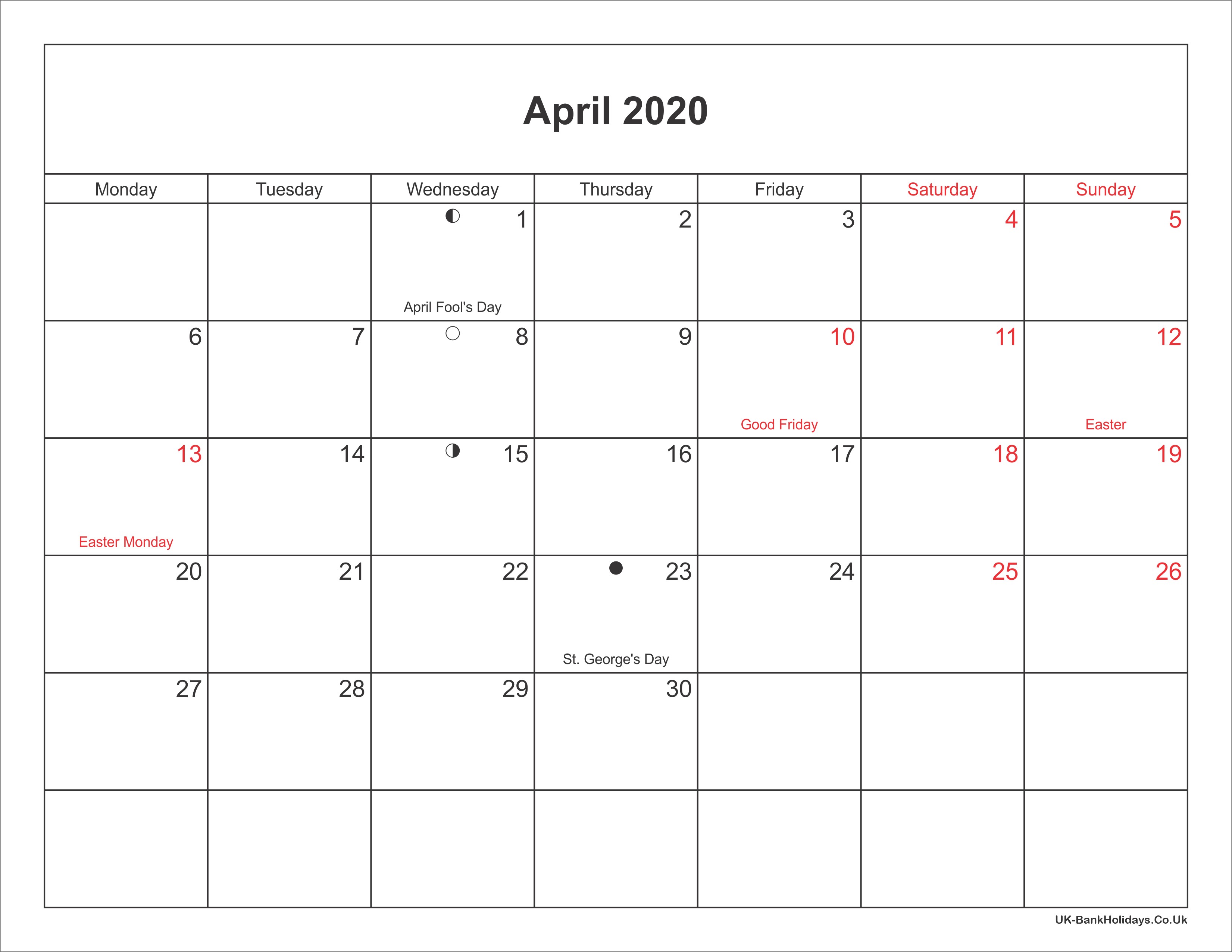 april 2020 calendar printable