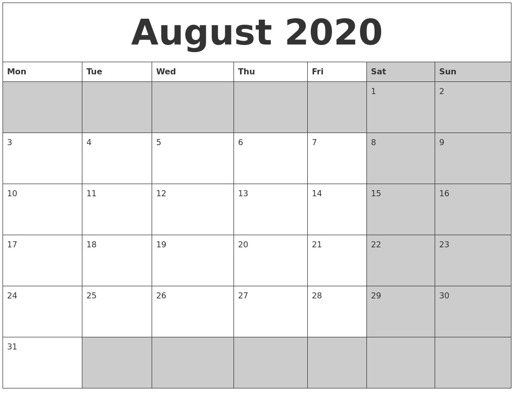 august 2020 calanders