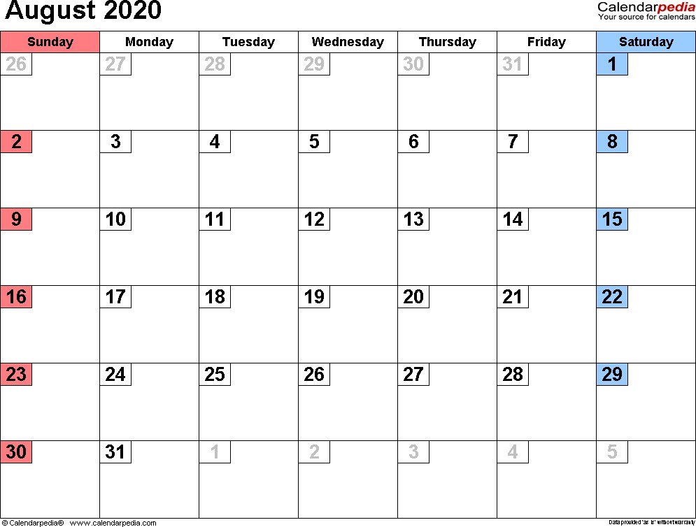 august 2020 calendar