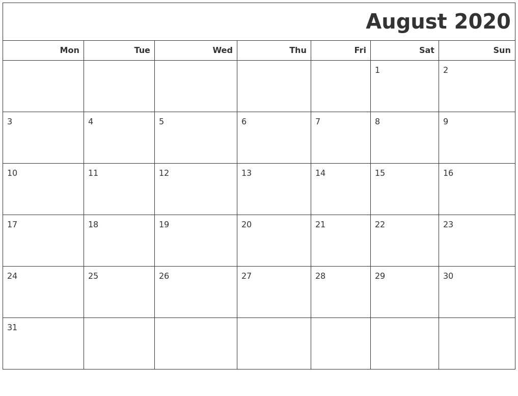 August 2020 Calendar Printable Pdf August 2020 Calendars to Print