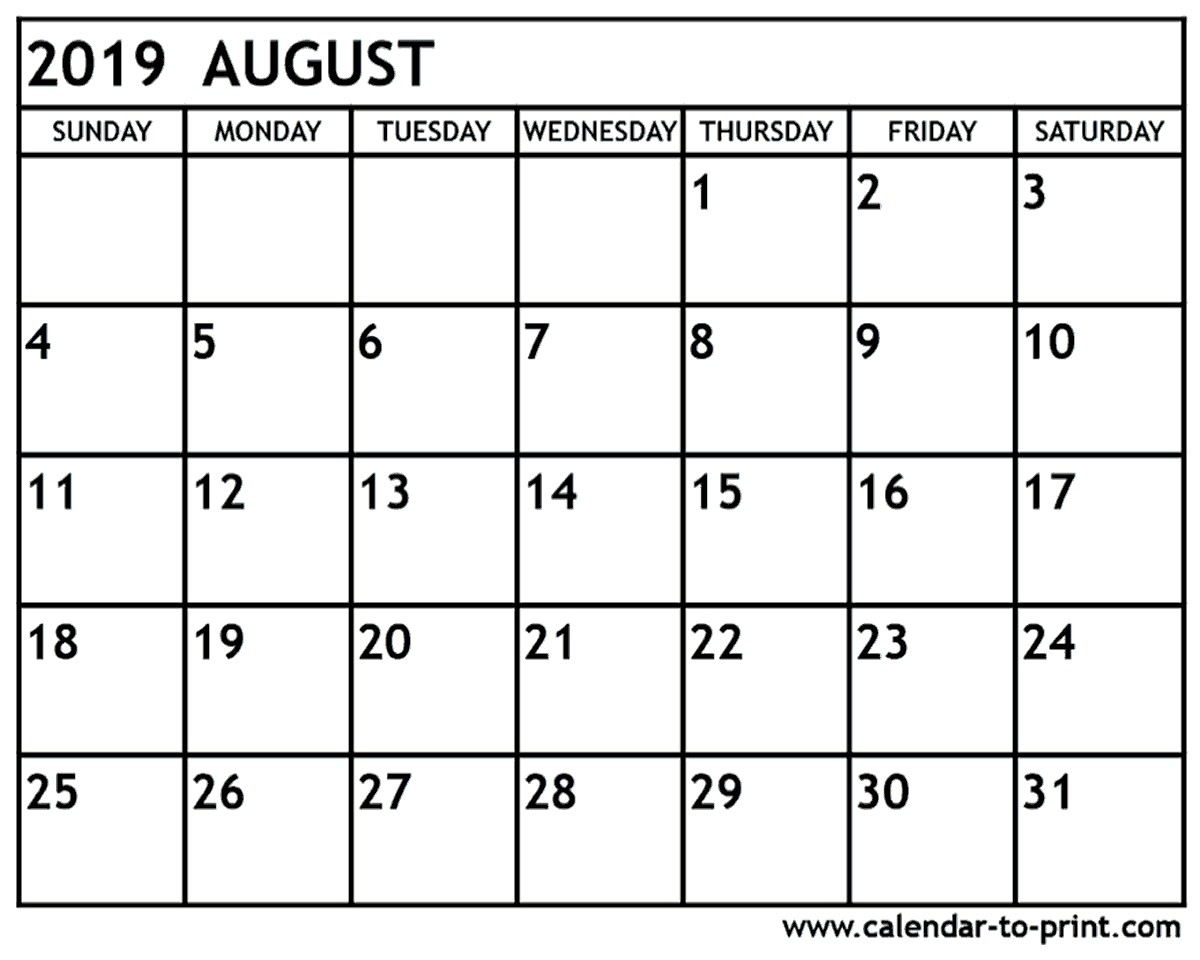 2019 calendar august 2