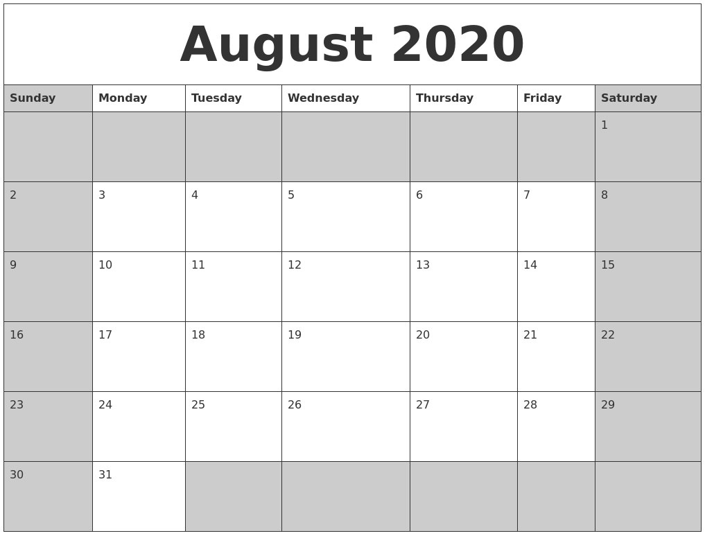 august 2020 calanders