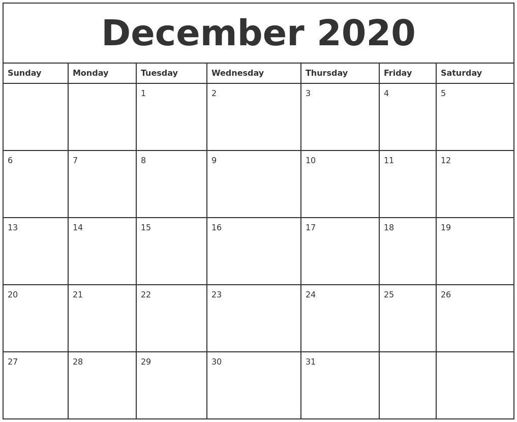 August 2020 Printable Calendar December 2020 Printable Monthly Calendar