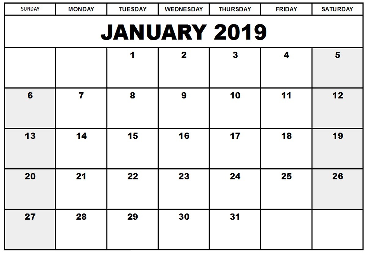 Blank January 2019 Calendar Printable January 2019 Calendar