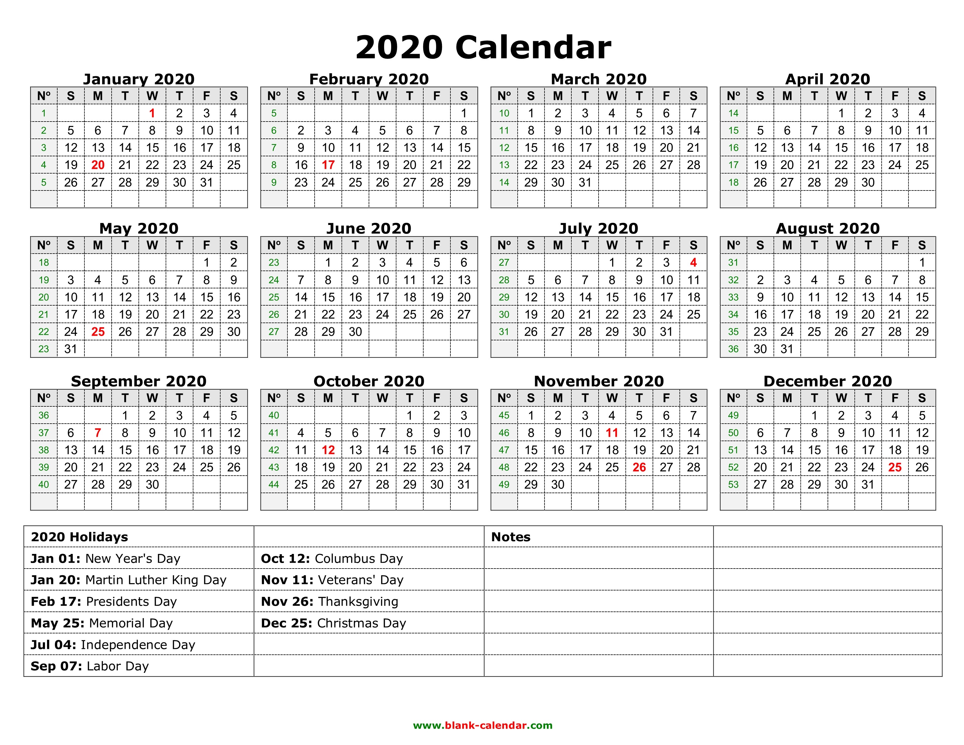 New Calendar 2020 with Holidays Printable | Free Printable Calendar Monthly