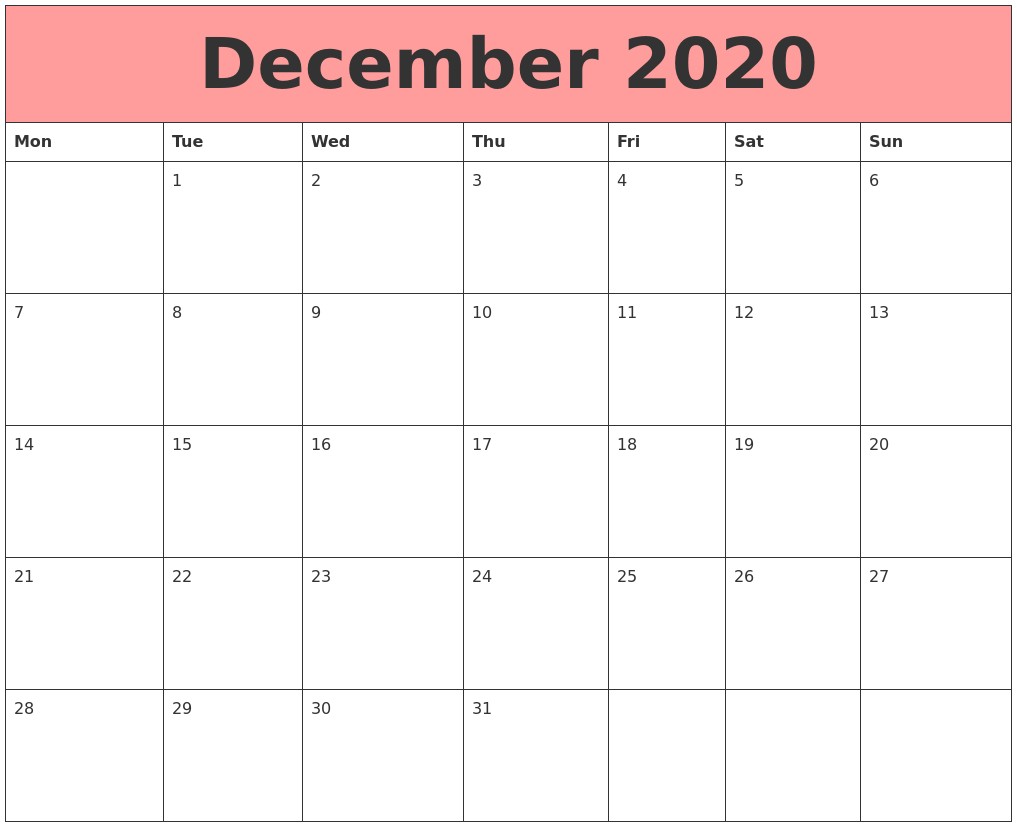 December 2020 Printable Calendar December 2020 Calendars that Work