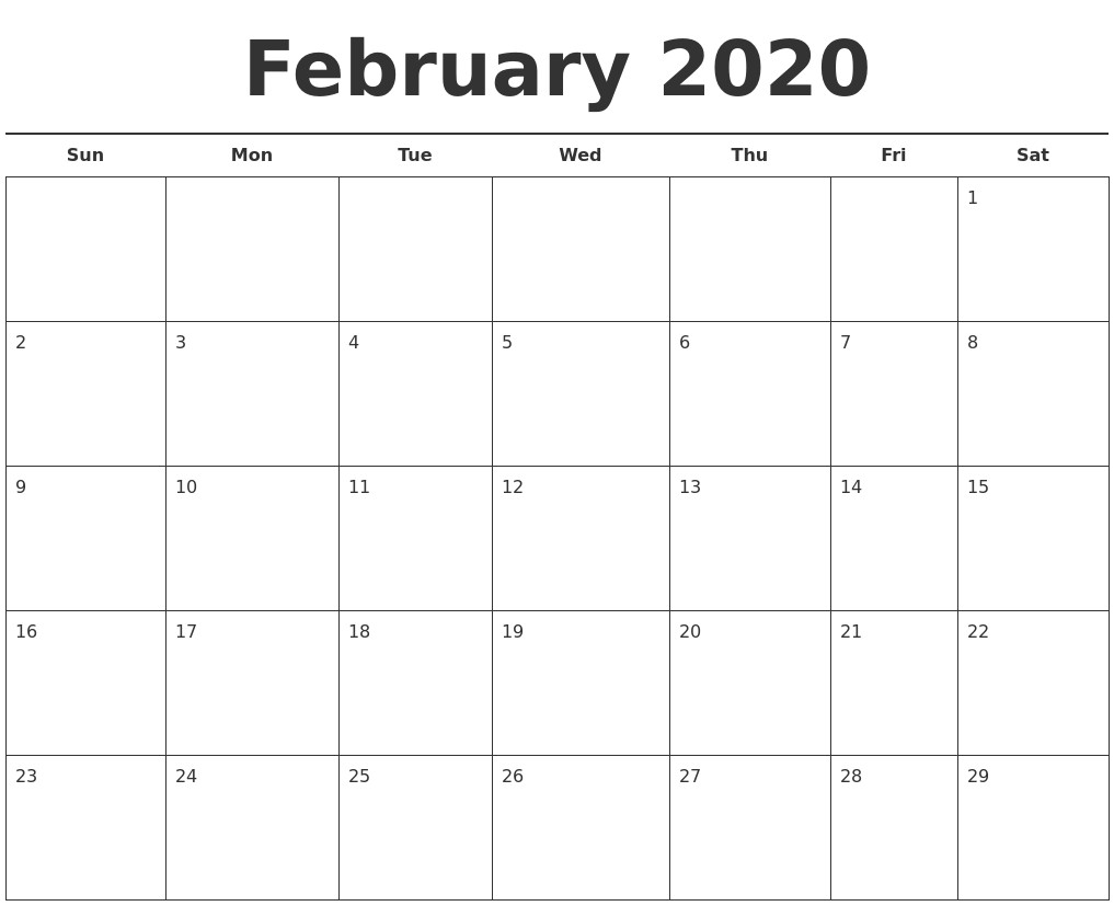 February 2020 Printable Calendar March 2020 Blank Monthly Calendar