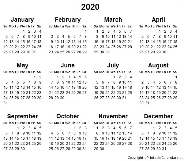 post 2020 yearly calendar free printable