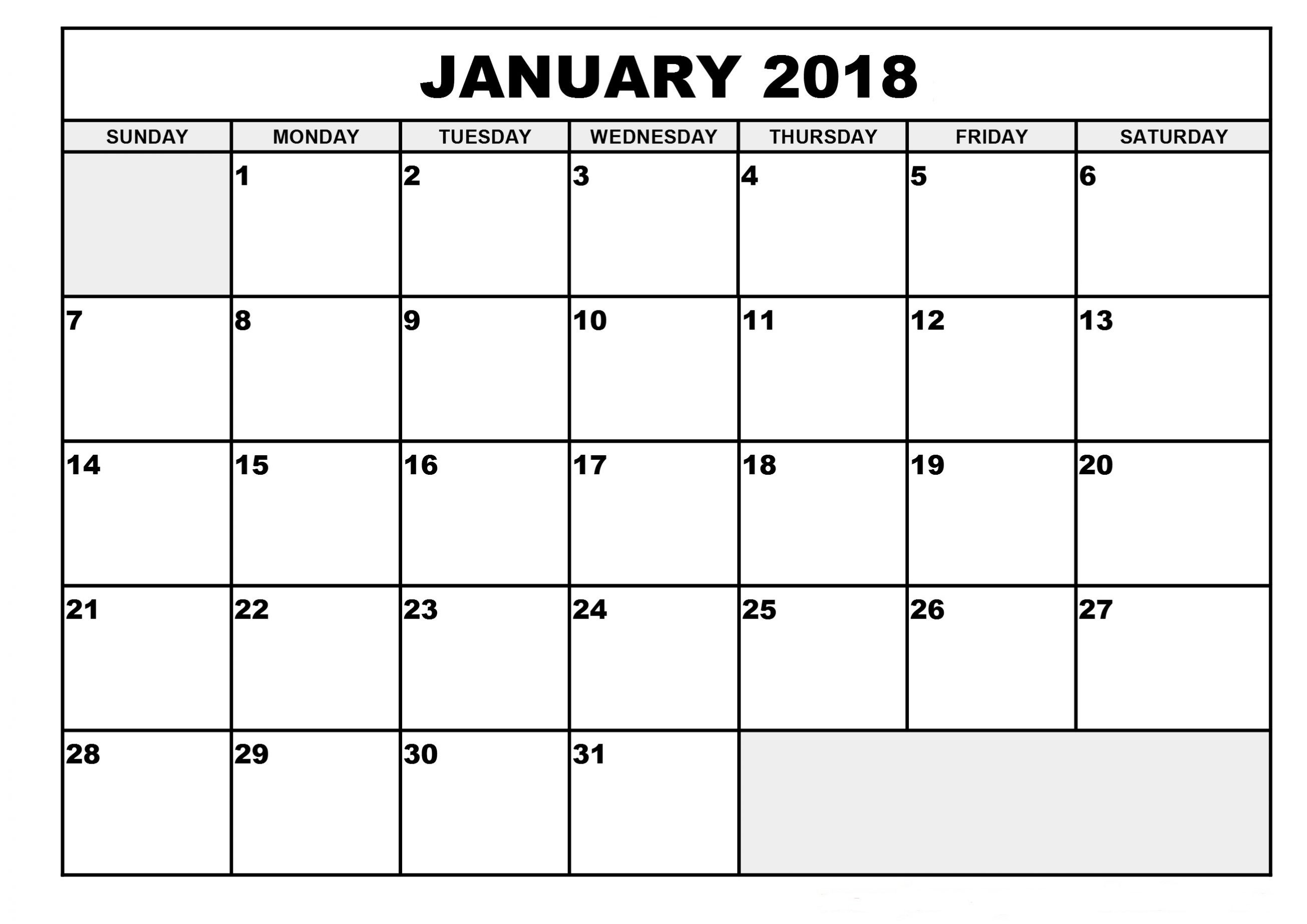 january 2018 monthly calendar printable