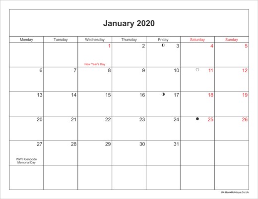 january 2020 calendar printable