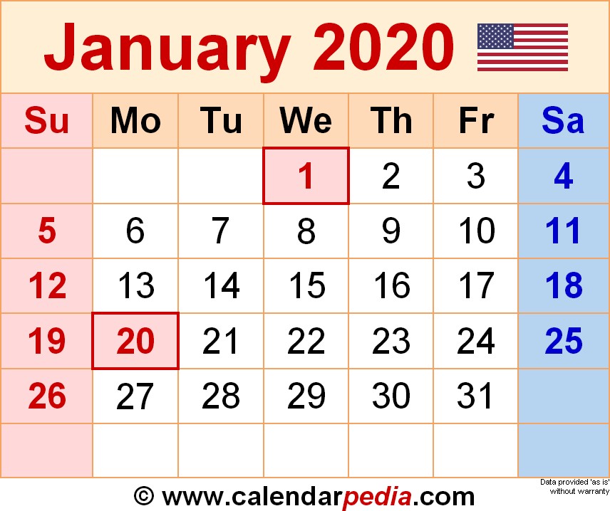 Jan 2020 Calendar Printable January 2020 Calendars for Word Excel &amp; Pdf