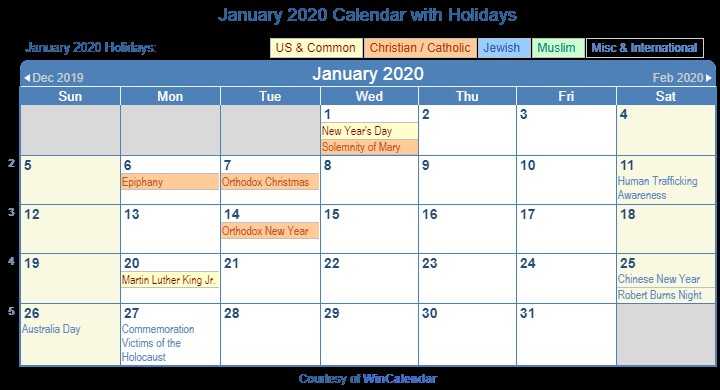 January Calendar Printable 2020 Print Friendly January 2020 Us Calendar for Printing