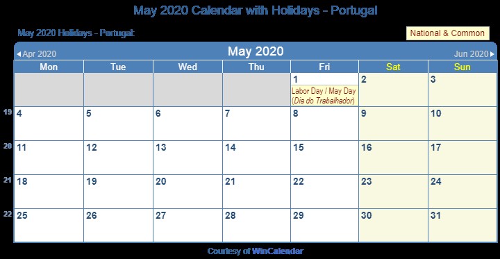 May 2020 Calendar Print Friendly