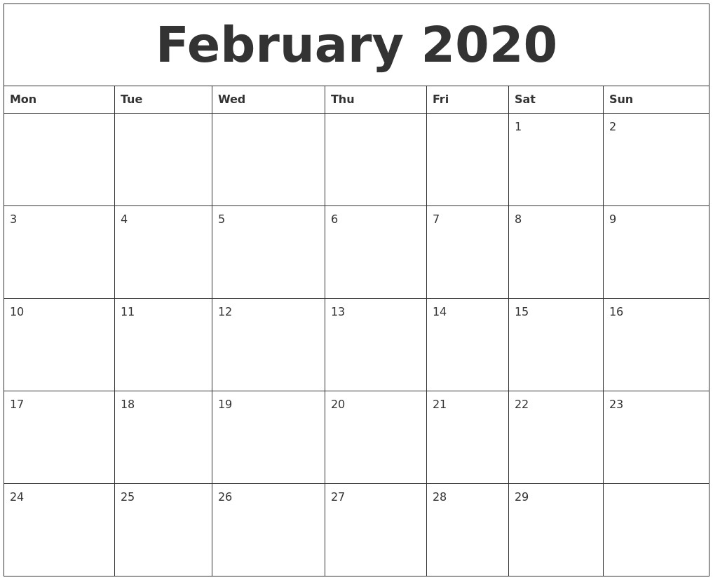 Monthly 2020 Printable Calendar February 2020 Calendar Monthly