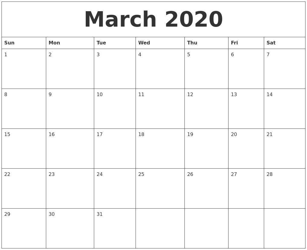 march 2020 monthly printable calendar