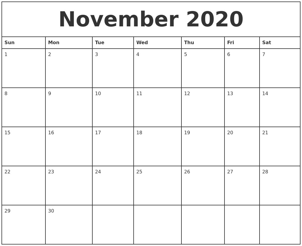 november 2020 printable monthly calendar