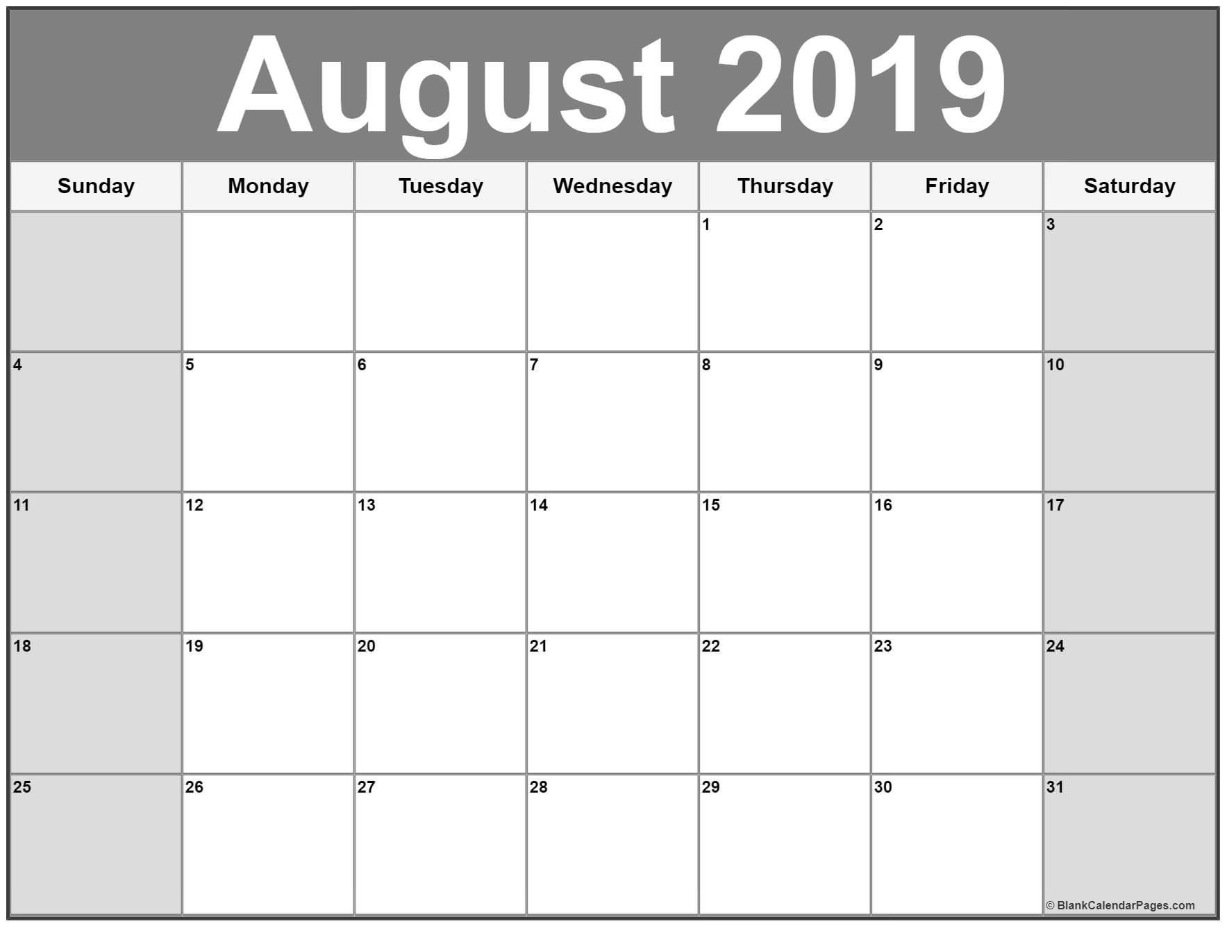 Printable 2019 Calendar Pages August 2019 Calendar