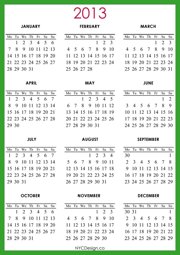 2013 calendar printable green red a4