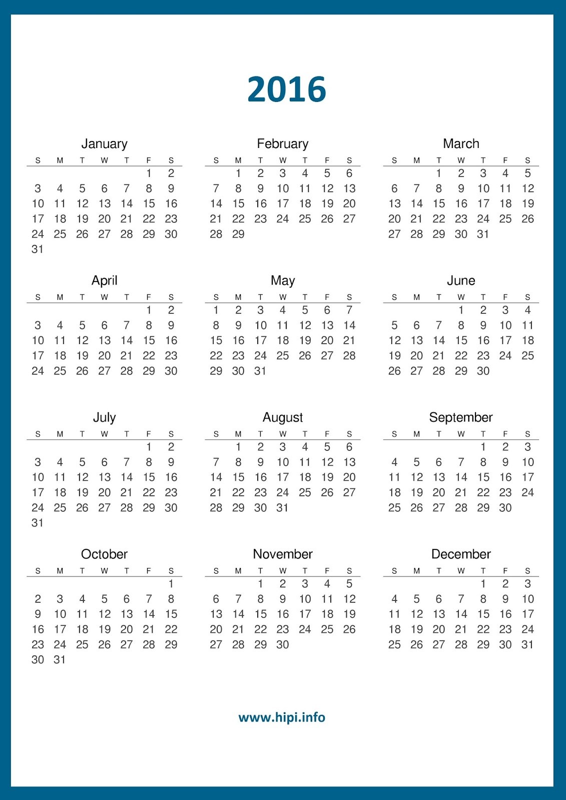 2016 calendar printable free 30