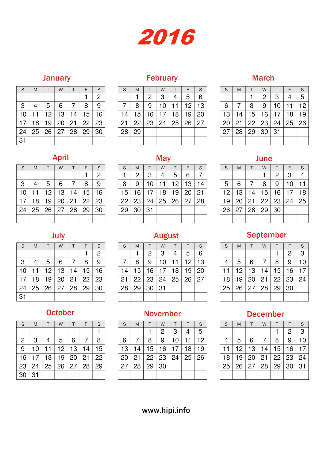 calendar 2016 printable a4 paper size