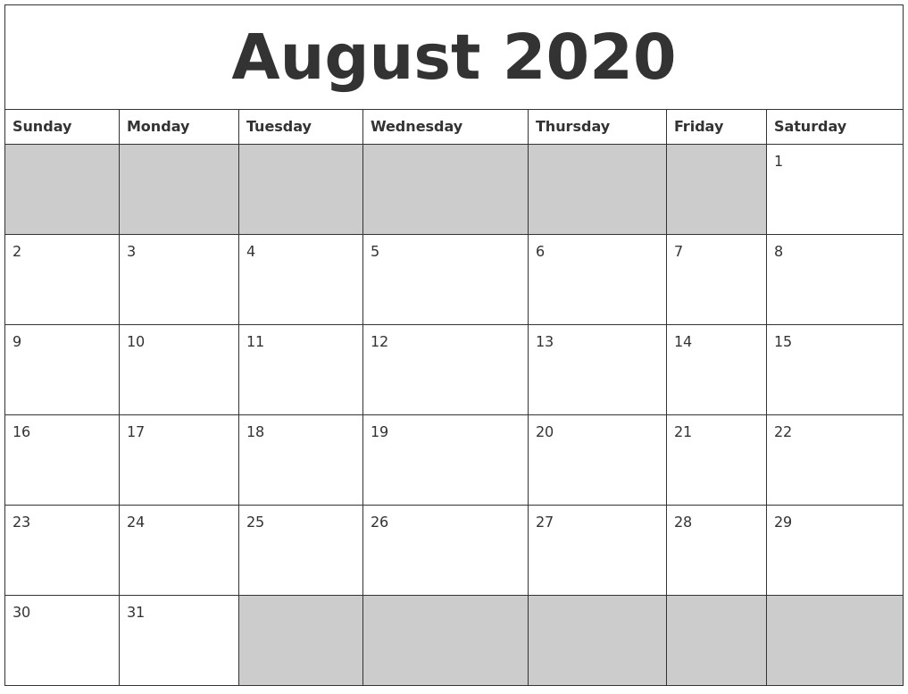 august 2020 blank printable calendar