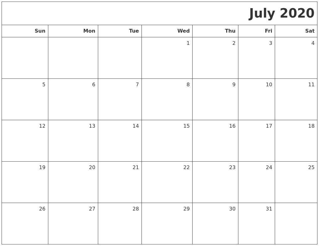 july 2020 printable blank calendar