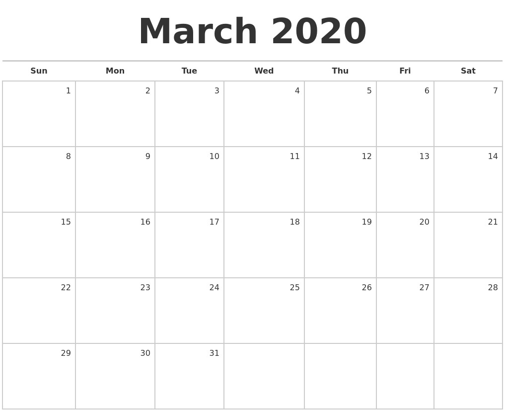 march 2020 blank monthly calendar