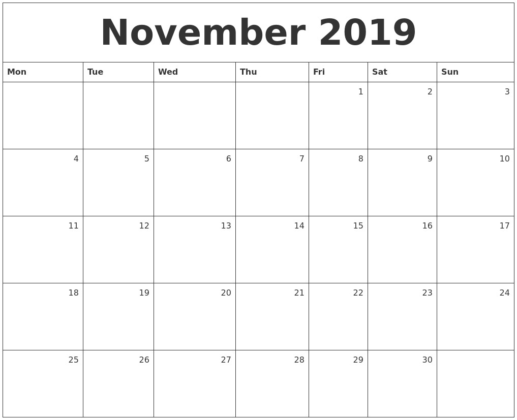 november 2019 monthly calendar