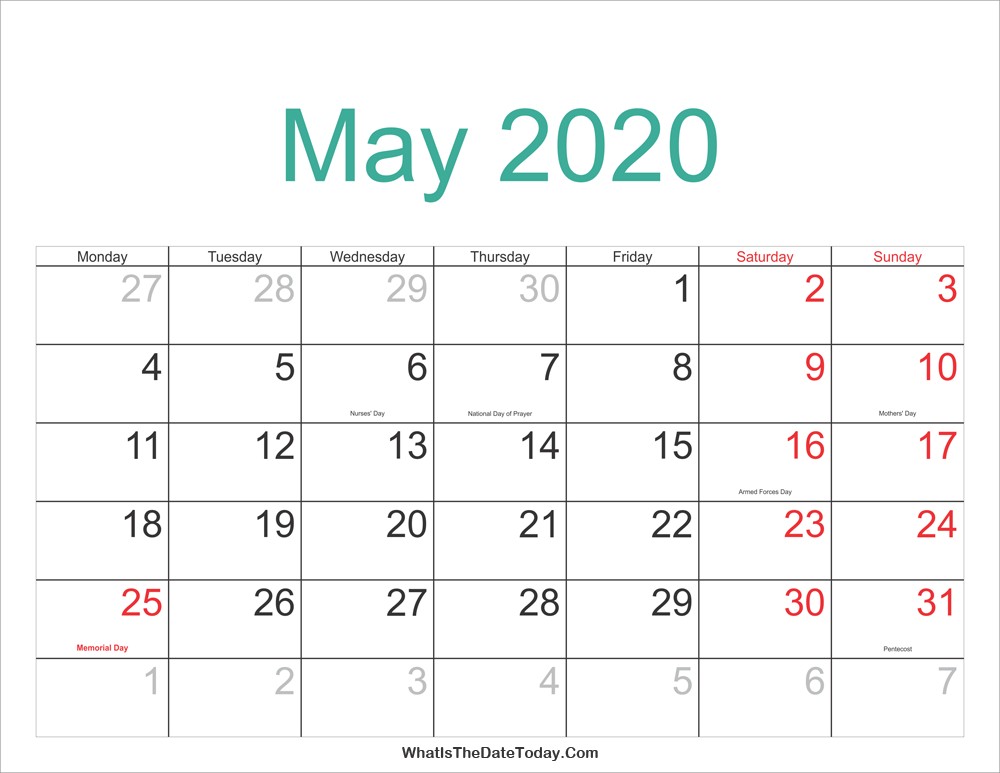 may 2020 calendar printable holidays