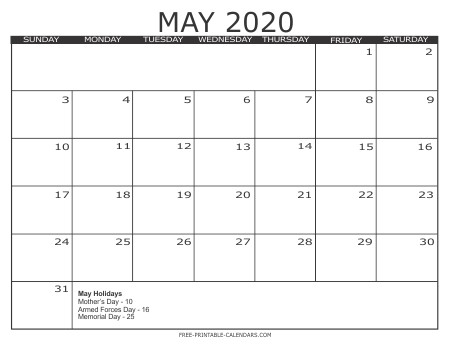 Printable Monthly Calendar May 2020 2020 Free Printable Calendars Free Printable Calendars