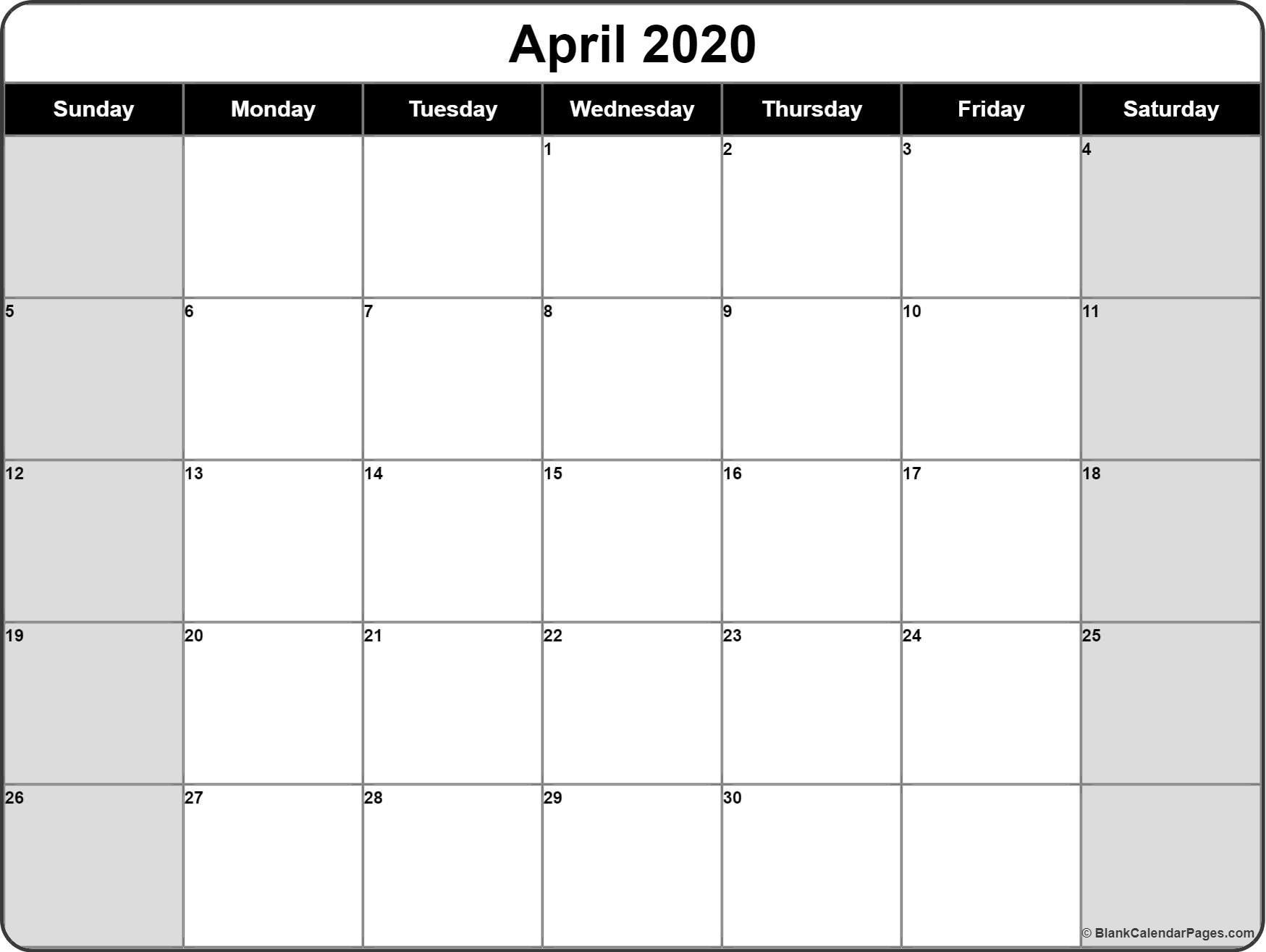 Printable Monthly Calendars for 2020 April 2020 Calendar