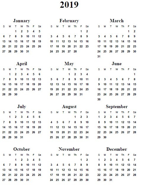 year at a glance calendar 2019 printable