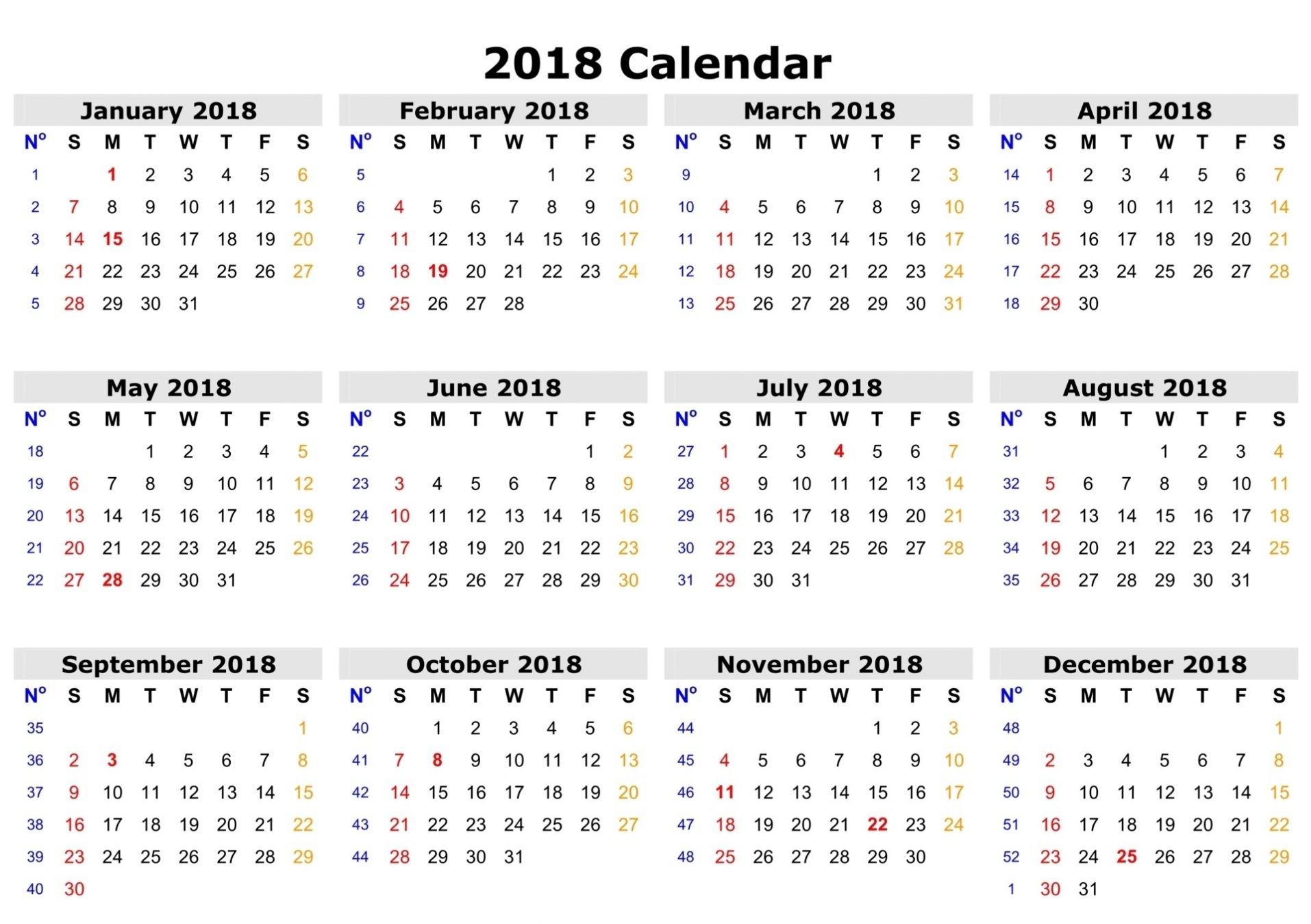 2018 yearly calendar free