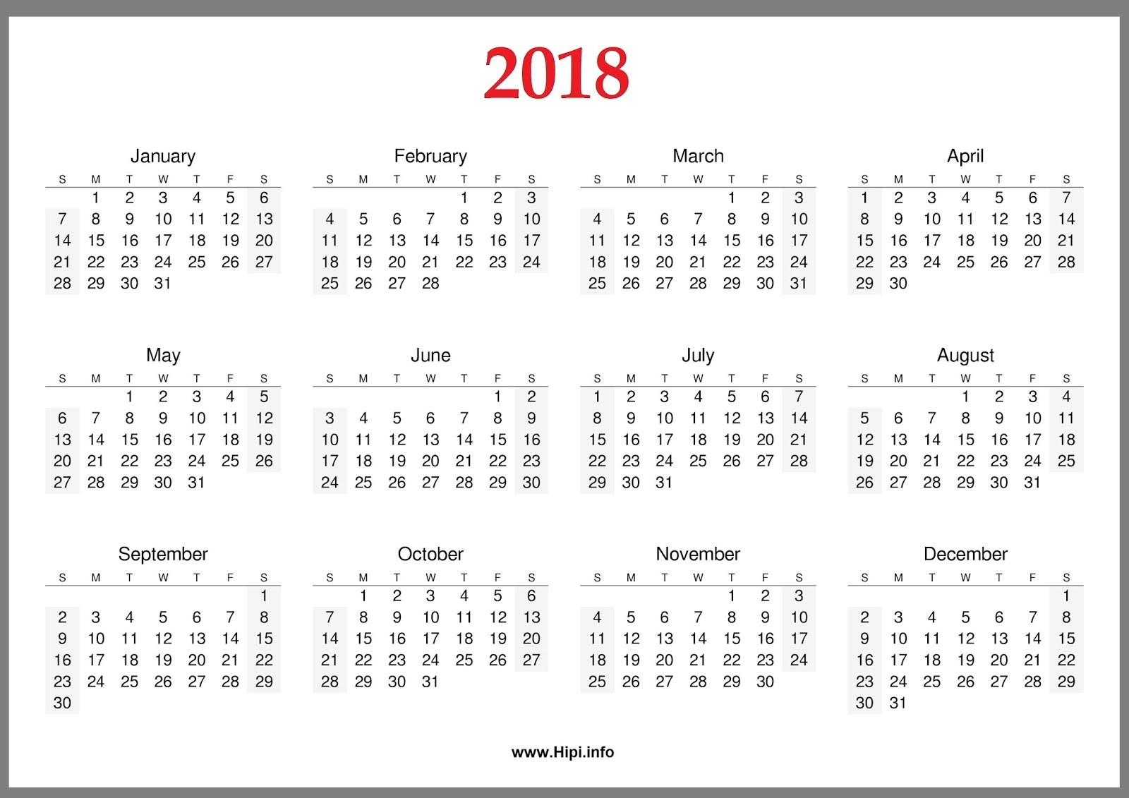 free 2018 yearly monthly printable calendar